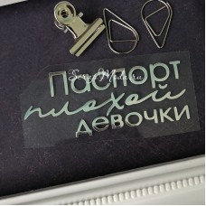 Надпись из термотрансфера Паспорт плохой девочки, пленка зеркальное серебро, размер общий 70х37мм, ZA000877